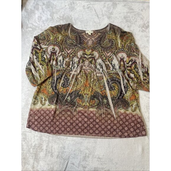 One World 2X Boho Paisley Mixed Print Top Scoop Neck 3/4 Sleeve Stretch Blouse - Picture 6 of 11